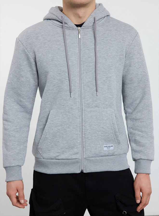 trendyol Grey Melange Regular Fit Hooded Zippered Label Applique Thick Sweatshirt - Image 3