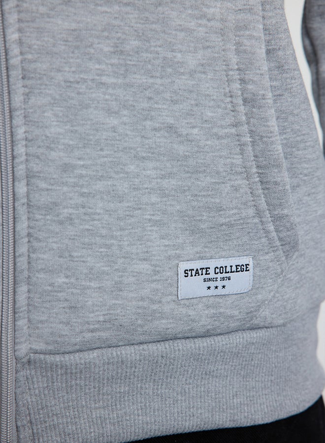 trendyol Grey Melange Regular Fit Hooded Zippered Label Applique Thick Sweatshirt - Image 4