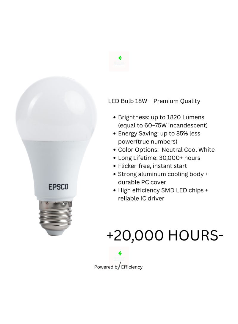 EPSCO Bulb 18 Watt -1800 Lumens - White - E27 - Image 3