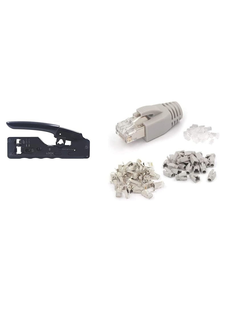 Crimping Tool RJ11 Network Crimper Tool  With 20Pcs Cat6A Cat7 Plug 20Pcs RJ45 Boots Cover (Grey Boots)