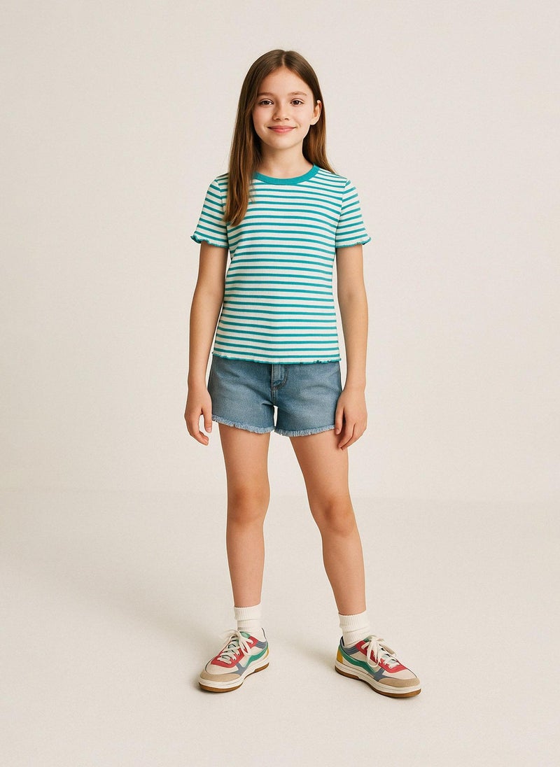 مينوتي تيشيرت مضلع للمراهقات بقصة ضيقة - Image 1