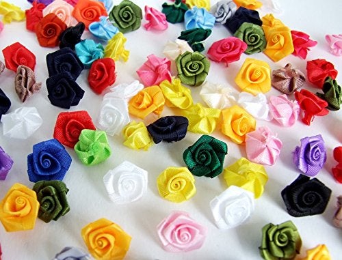 ICRAFY 100 Assorted Tiny Satin Ribbon Rose Bows Diameter 10 mm. Tiny Embellishment Craft Artificial Applique Wedding - Image 1