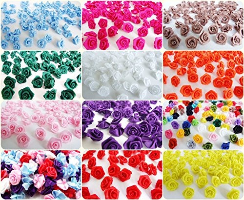 ICRAFY 100 Assorted Tiny Satin Ribbon Rose Bows Diameter 10 mm. Tiny Embellishment Craft Artificial Applique Wedding - Image 2