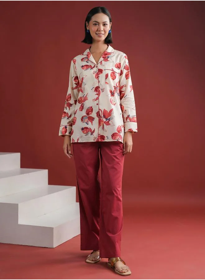 sanskrutihomes Floral Printed Collared Shirt and Pyjama Set by Styli