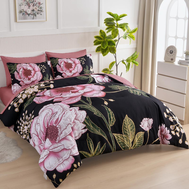 Luxudecor Floral Queen Comforter Set 7 Pieces Bed in a Bag, Pink Flower Print on Black Bedding Set, Soft Reversible Comforter with Sheet Set 90"x90" - Image 2