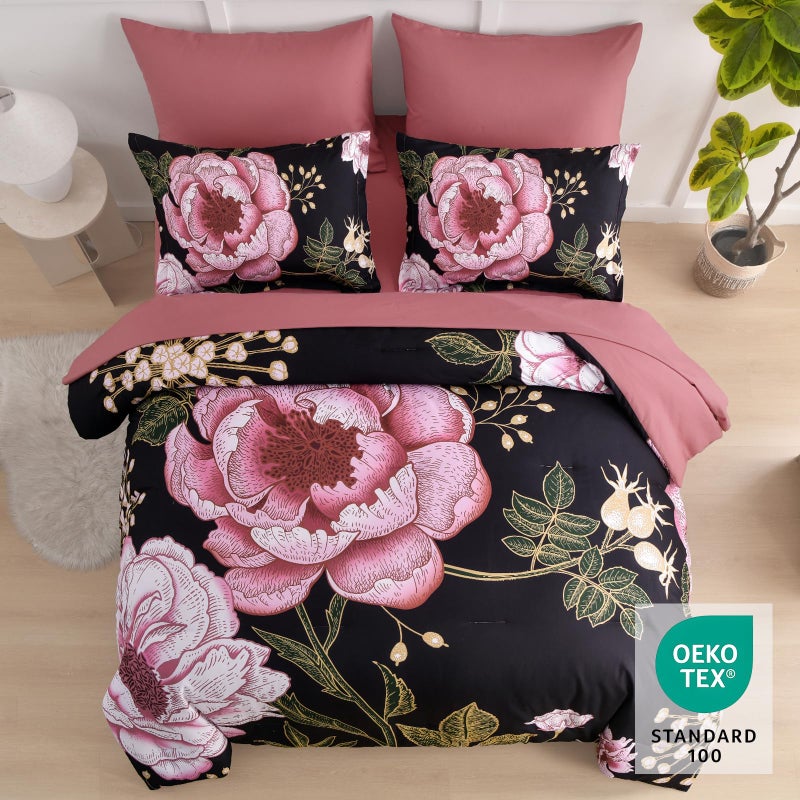 Luxudecor Floral Queen Comforter Set 7 Pieces Bed in a Bag, Pink Flower Print on Black Bedding Set, Soft Reversible Comforter with Sheet Set 90"x90" - Image 3