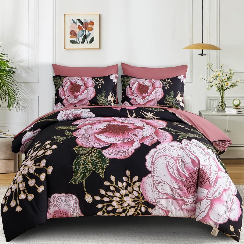 Luxudecor Floral Queen Comforter Set 7 Pieces Bed in a Bag, Pink Flower Print on Black Bedding Set, Soft Reversible Comforter with Sheet Set 90"x90" - Image 1