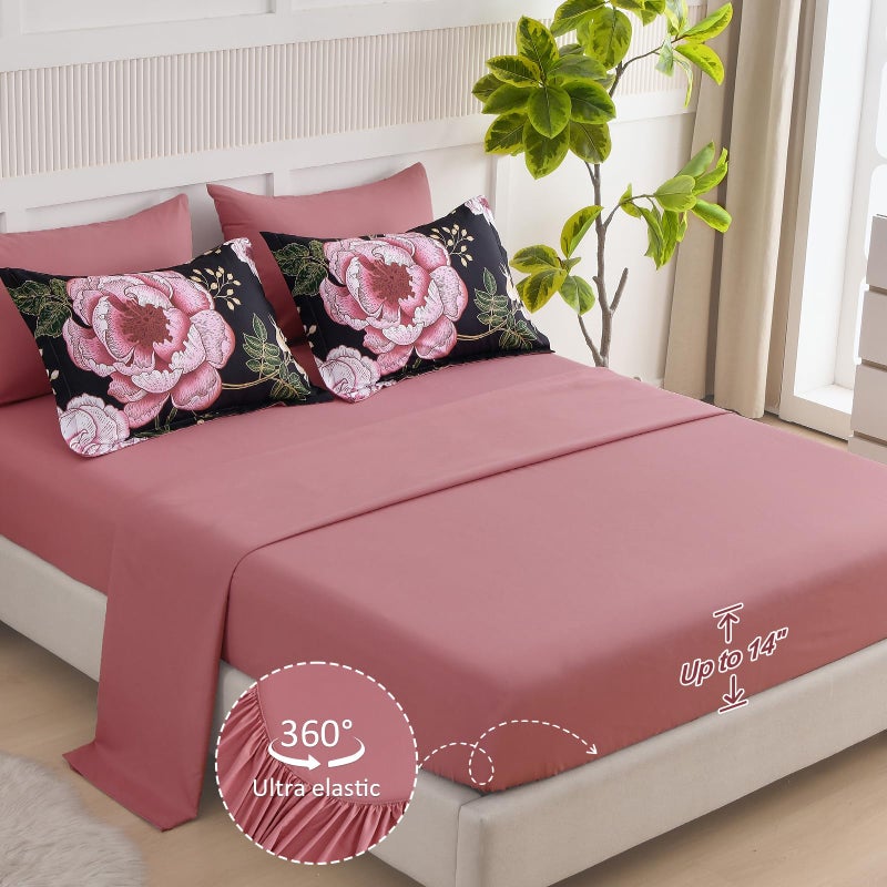Luxudecor Floral Queen Comforter Set 7 Pieces Bed in a Bag, Pink Flower Print on Black Bedding Set, Soft Reversible Comforter with Sheet Set 90"x90" - Image 4