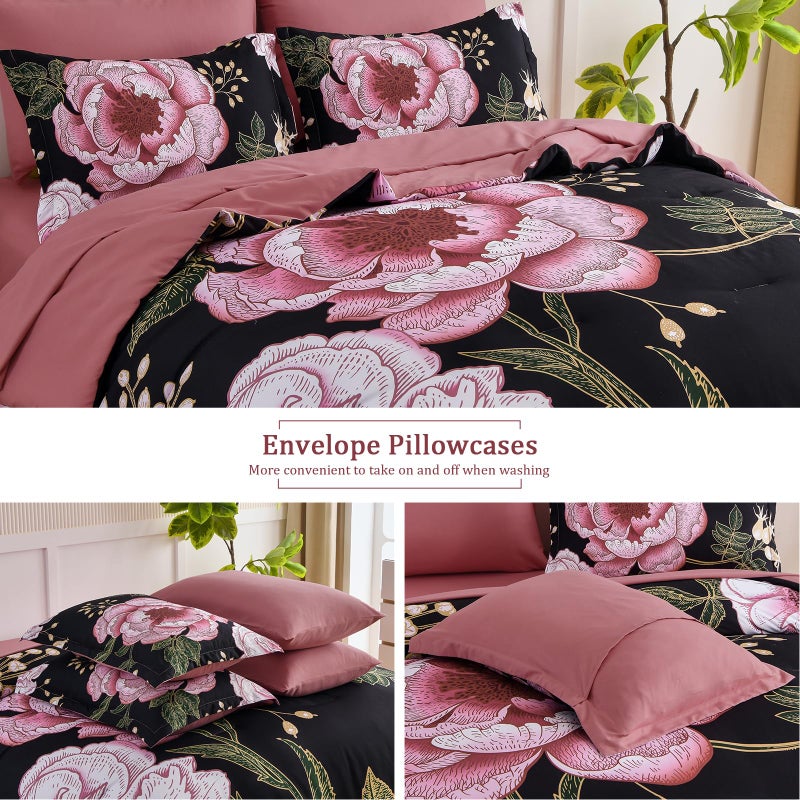 Luxudecor Floral Queen Comforter Set 7 Pieces Bed in a Bag, Pink Flower Print on Black Bedding Set, Soft Reversible Comforter with Sheet Set 90"x90" - Image 5