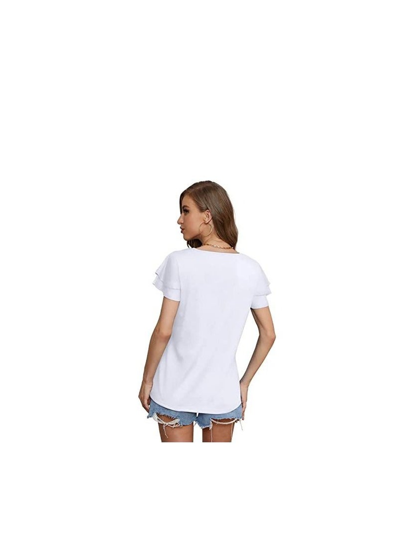 Loquat New Women's V-neck Double-layer Lotus Leaf Short Sleeve T-Thirt  - Image 2