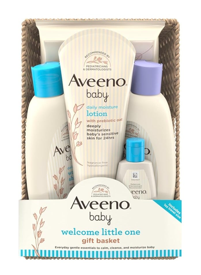 Aveeno Baby Welcome Little One Gift Basket, Baby Skincare Set with Baby Body Wash & Shampoo, Calming Bath Wash, All Over Baby Wipes, & Daily Moisturizing Lotion, 5 Items - Image 1