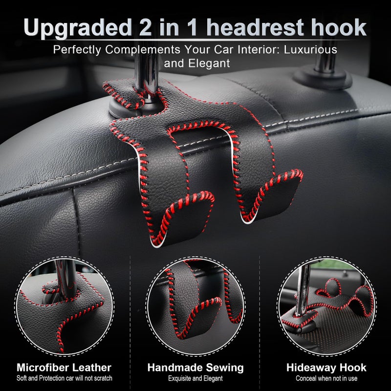 LivTee Upgraded Superior Leather Car Seat Back Headrest Hook, 2 in 1 Auto Seat Hook Hangers Holder Organization Interior Accessories for Purses Coats Umbrellas Grocery Bags Handbag (Black/Red) - Image 2