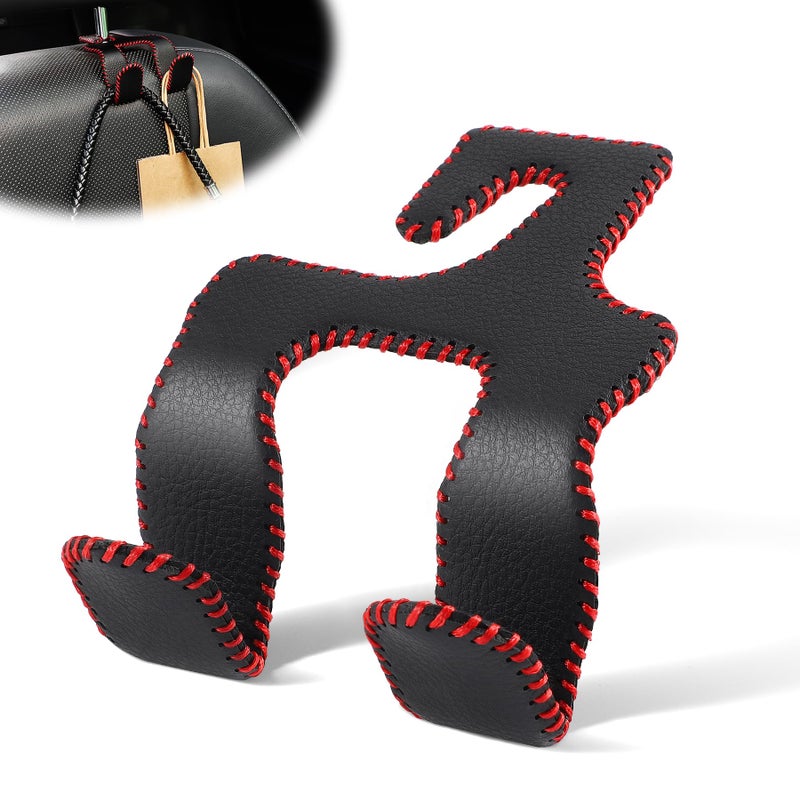 LivTee Upgraded Superior Leather Car Seat Back Headrest Hook, 2 in 1 Auto Seat Hook Hangers Holder Organization Interior Accessories for Purses Coats Umbrellas Grocery Bags Handbag (Black/Red) - Image 1