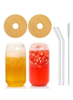 LEDIN Can Glass with Lids and Straw Can Shaped Glass Cups 16oz Glass Cups Drinking Glasses Iced Coffee Glasses Cup Smoothie Cups Tumbler Glass Reusable Boba Cup Drinking Glasses Set of 2  - Image 1
