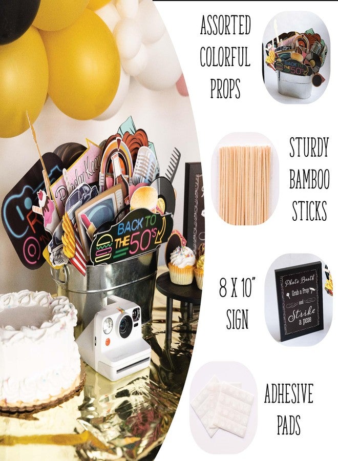 Outside The Booth 50s Photo Booth Props - 41-pc Photo Booth Kit with 8 x 10-Inch Sign, 60 Adhesive Pads, 45 Sticks - Sock Hop Party Decorations - Fifties Theme Photo Booth Props - Image 2