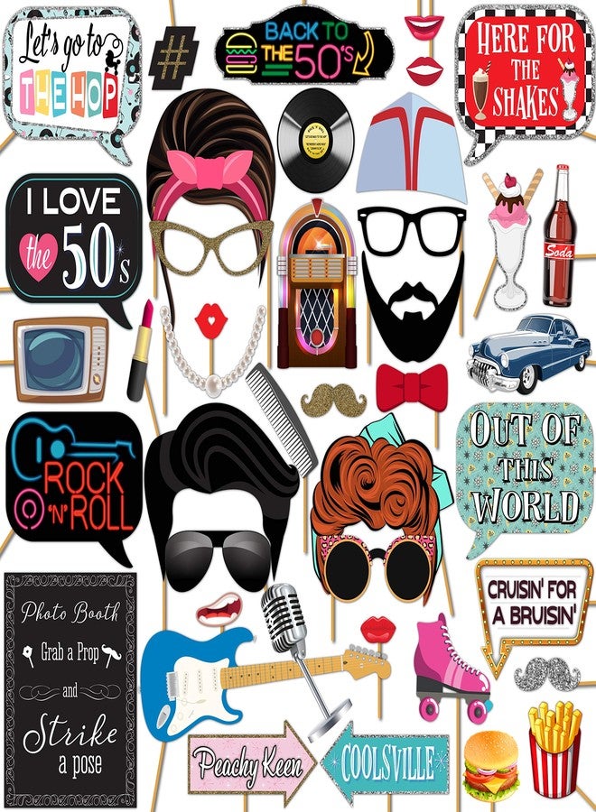 Outside The Booth 50s Photo Booth Props - 41-pc Photo Booth Kit with 8 x 10-Inch Sign, 60 Adhesive Pads, 45 Sticks - Sock Hop Party Decorations - Fifties Theme Photo Booth Props - Image 1