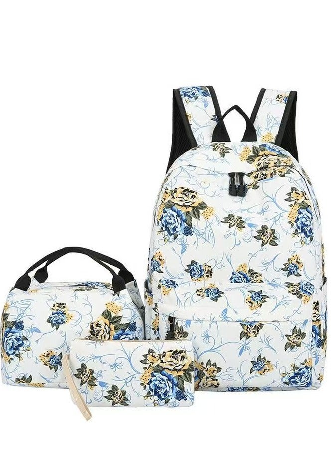 Oxford Cloth Polyester Printed Zipper Backpack Set - Blue Flower  - Image 1