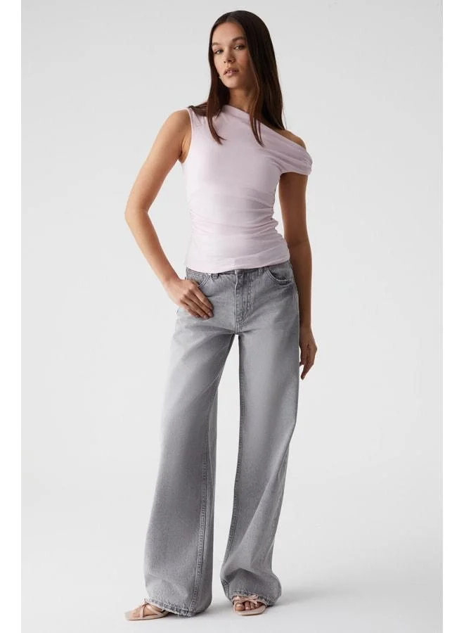 Grimelange STONEAK Women's Asymmetric Neck Slim Surplice Ruffle Detail Pink Blouse.