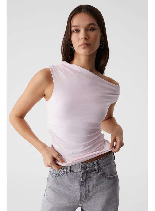 Grimelange STONEAK Women's Asymmetric Neck Slim Surplice Ruffle Detail Pink Blouse.