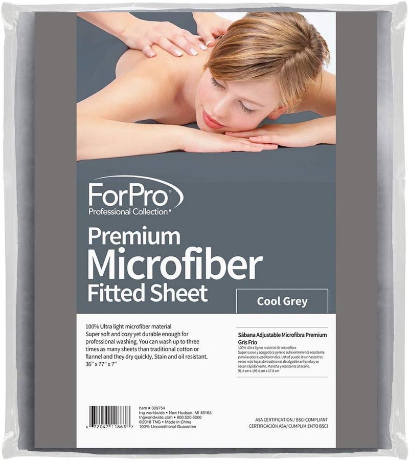 ForPro Professional Collection Premium Microfiber Massage Fitted Sheet Cool Grey UltraLight Stain and WrinkleResistant for Massage Tables 36 W x 77 L x 7 H
