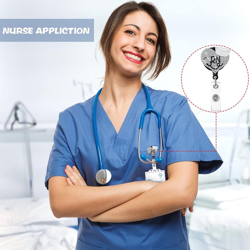 klarako 3 Pieces Nurse Badge Reel Retractable Nursing Badge Holder Bling Rhinestone ID Badge Holder with Clip Diamond Heart Badge Clip for School Hospital Nurse Doctor, Christmas Gifts (AB Color) - Image 4
