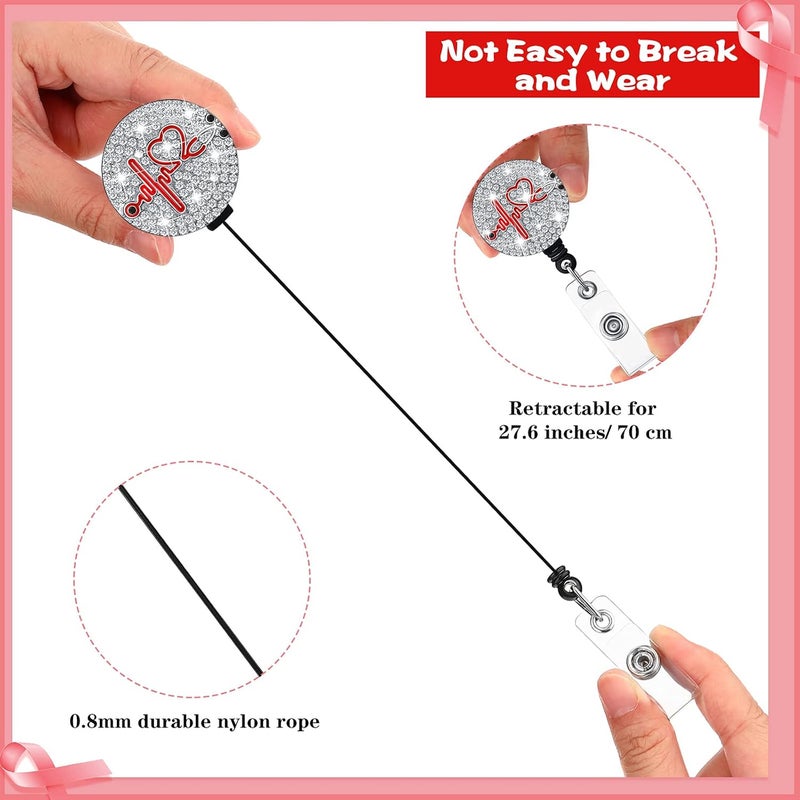 klarako 3 Pieces Nurse Badge Reel Retractable Nursing Badge Holder Bling Rhinestone ID Badge Holder with Clip Diamond Heart Badge Clip for School Hospital Nurse Doctor, Christmas Gifts (AB Color) - Image 3