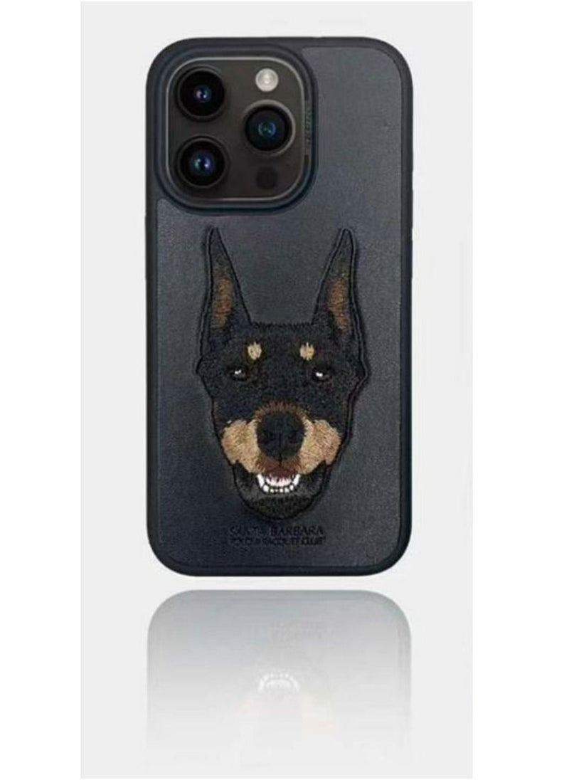 SANTA BARBARA POLO & RACQUET CLUB Polo Curtis Series Embroidery Dog Phone Case for iPhone 15 Pro | Luxury PU Leather, Threaded Embroidery, Shockproof, Scratch-Resistant, Soft Grip, Drop Protection, Precise Cutouts for Camera & Ports - Black  - Image 1