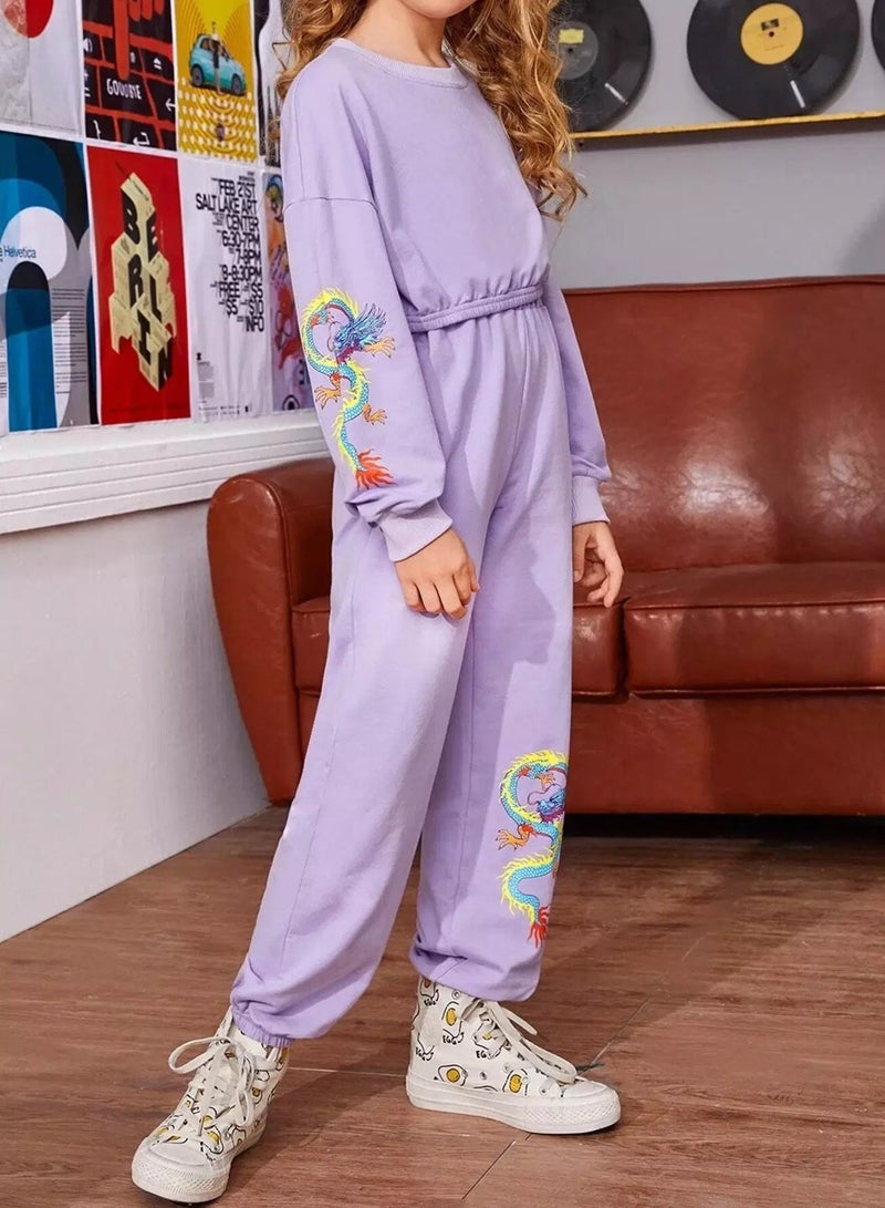 Girls Drop Shoulder Chinese Dragon Print Pullover & Joggers Set - Image 1