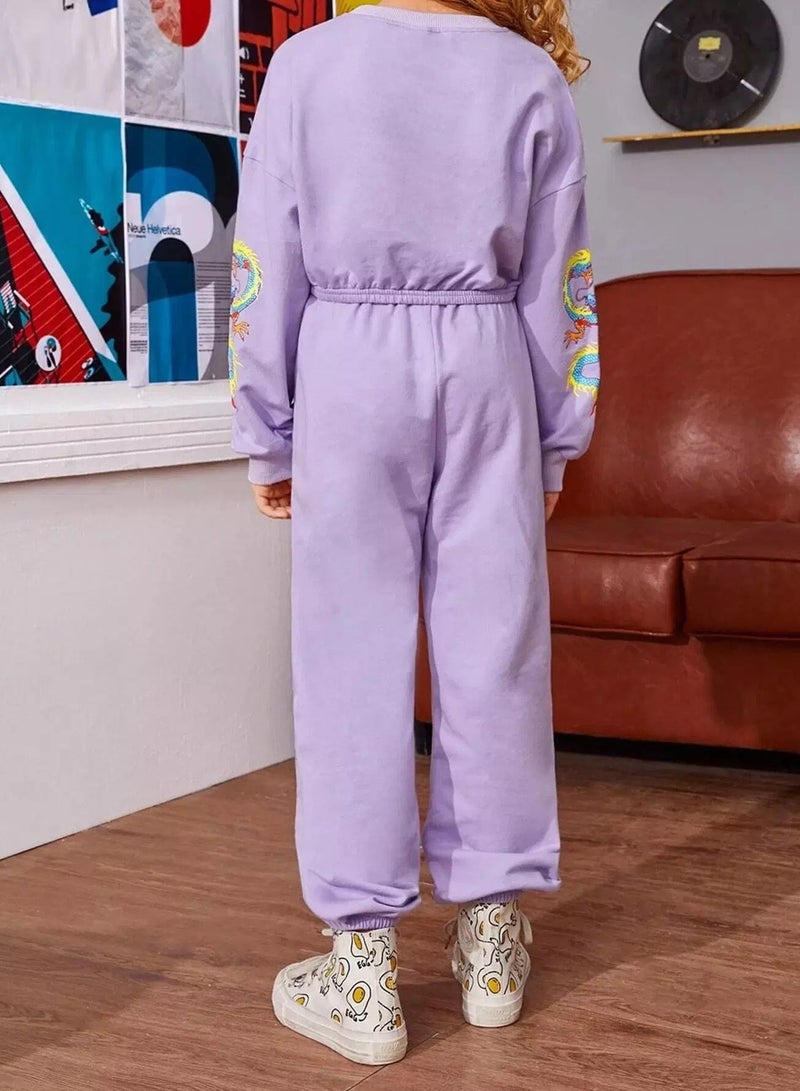 Girls Drop Shoulder Chinese Dragon Print Pullover & Joggers Set - Image 2
