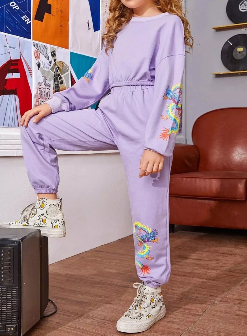 Girls Drop Shoulder Chinese Dragon Print Pullover & Joggers Set - Image 3