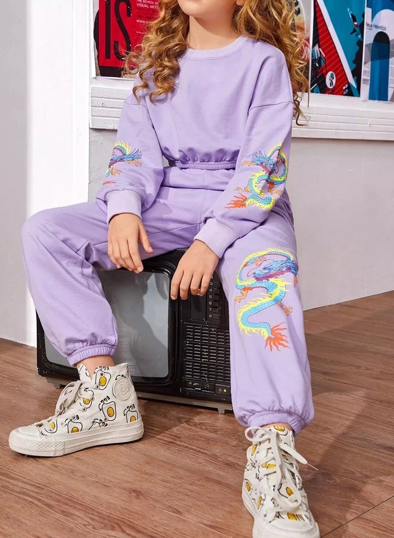 Girls Drop Shoulder Chinese Dragon Print Pullover & Joggers Set - Image 4