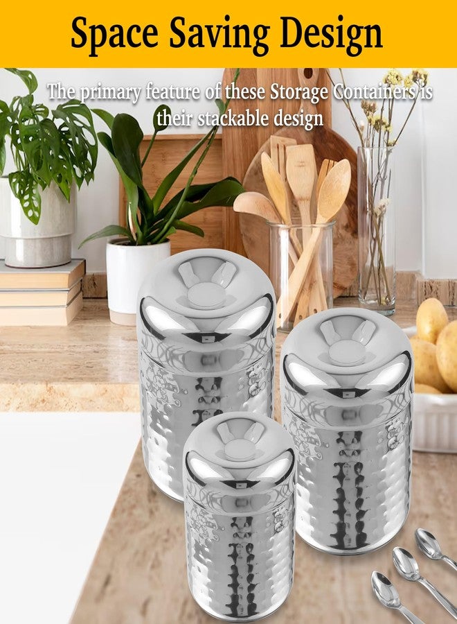 CRAFTONE Stainless Steel Hammered Containers Set of 3 with Spoon, Ideal for Tea, Coffee, Sugar, Masala Storage Sugar Container with Lid for Salt, Coffee, Dishwasher Safe (10 Oz, 15 Oz, 20 Oz) - Image 5