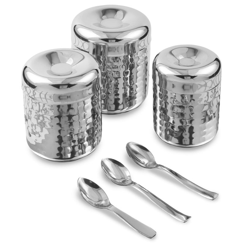 CRAFTONE Stainless Steel Hammered Containers Set of 3 with Spoon, Ideal for Tea, Coffee, Sugar, Masala Storage Sugar Container with Lid for Salt, Coffee, Dishwasher Safe (10 Oz, 15 Oz, 20 Oz) - Image 1