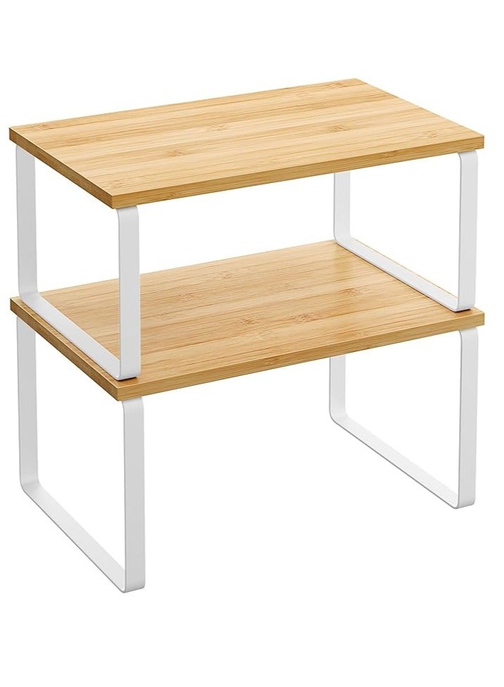Arabest Cabinet Organizer Shelf, Set of 2 Kitchen Counter Shelves, Kitchen Storage, Spice Rack, Stackable, Expandable, Metal and Engineered Wood, Cloud White and Natural Beige - Image 1