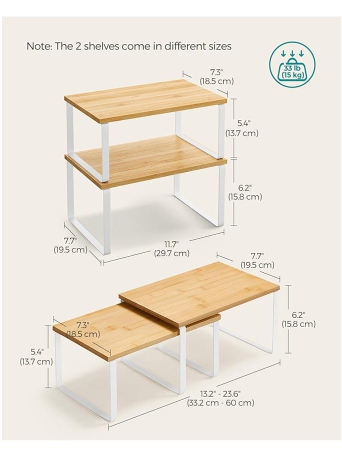 Arabest Cabinet Organizer Shelf, Set of 2 Kitchen Counter Shelves, Kitchen Storage, Spice Rack, Stackable, Expandable, Metal and Engineered Wood, Cloud White and Natural Beige - Image 2