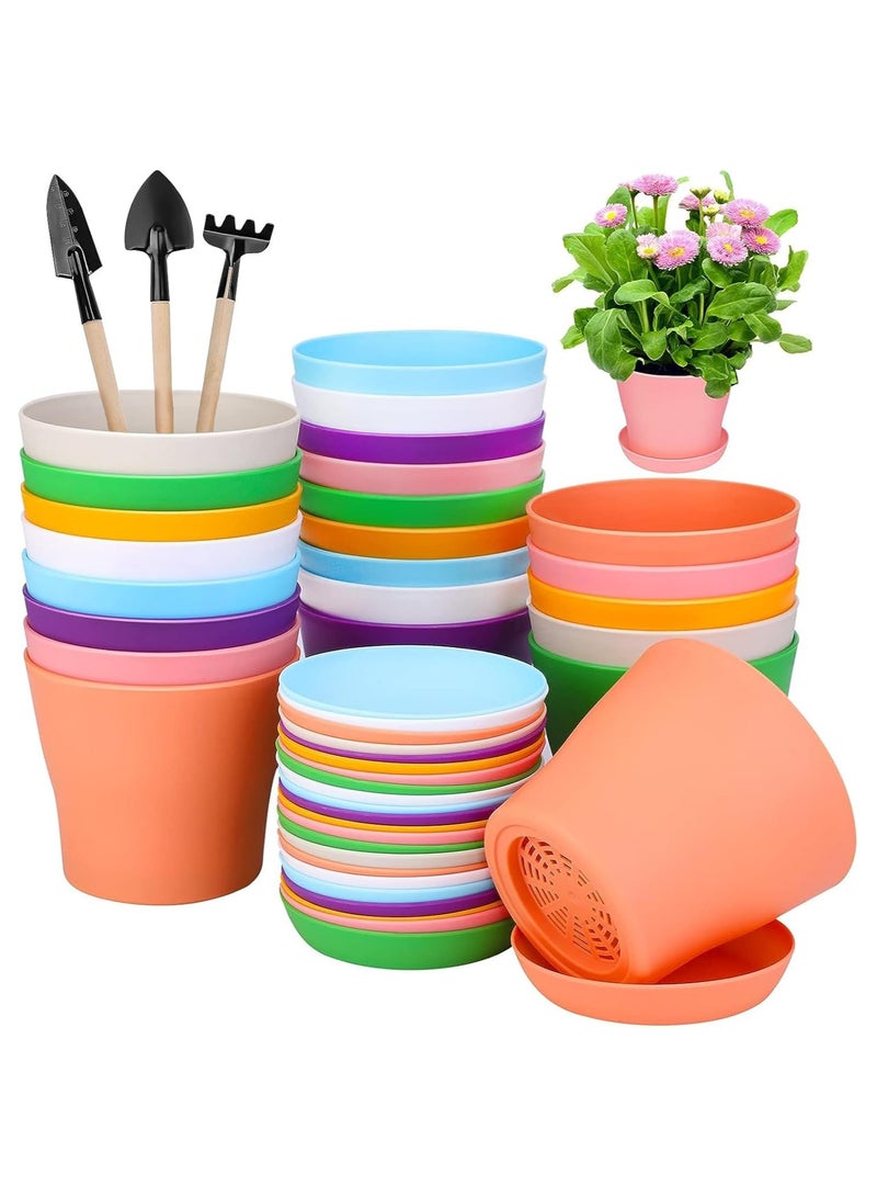 NANAO 27 قطعة من أصص النباتات البلاستيكية الملونة بحجم 4 بوصات مع مجموعة من الأطباق، أصص زهور، أصص حضانة مع فتحات تصريف، أصص زهور بلاستيكية دائرية للصبار، النباتات المنزلية، حضانة الشتلات - Image 1