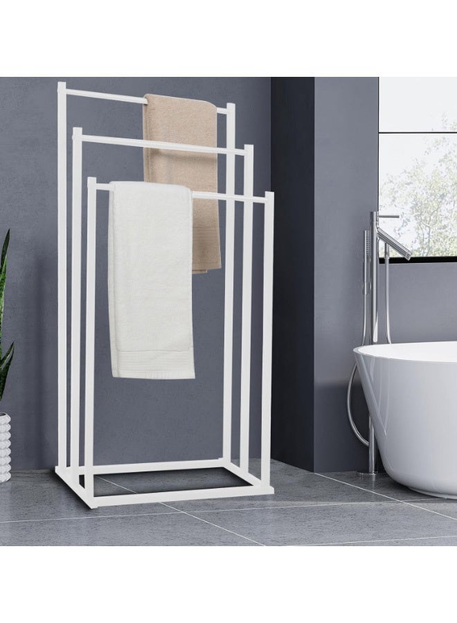 جمورو حامل مناشف معدني قابل للطي قائم بذاته، سعة كبيرة، مكون من 3 طبقات، مع طلاء مضاد للصدأ، وحامل مناشف معدني على شكل سلم، وحامل تجفيف، ورف منظم للحمام لتوفير المساحة - Image 1