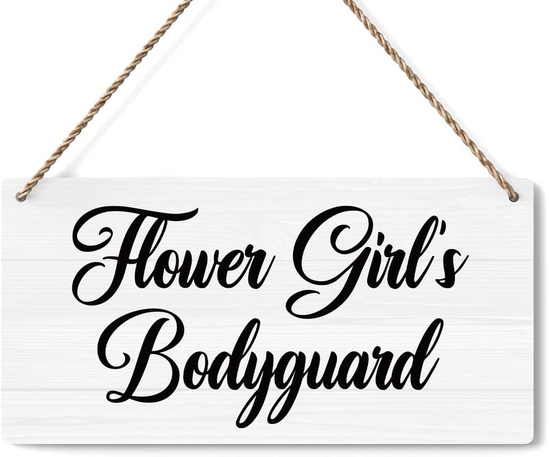 BELLOWDEER Flower Girl's Bodyguard Sign, Ring Bearer Sign, Rustic Wedding Signs Wedding Decor Stuff Engagement Weddings Decoration 12x6 Inches (White) - Image 1