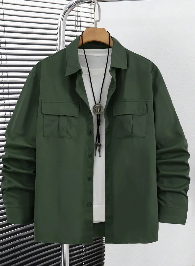 تايك تو قميص رجالي سادة بجيوب وأكمام طويلة