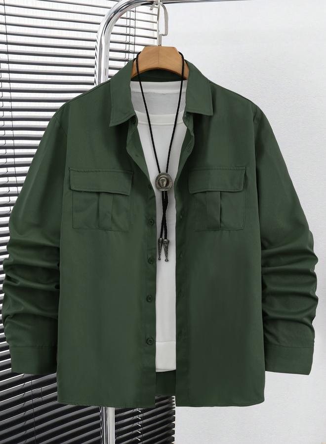 Take Two Men Solid Pocket Detail Long Sleeve Shirt - Image 1