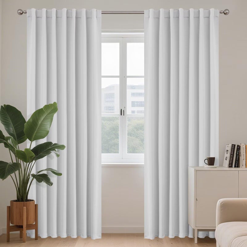 Joydeco White Blackout Curtains 96 Inches Long for Bedroom, Curtains 96 Inch Length 2 Panels Set, Room Darkening Curtains & Drapes for Living Room Window (W52 x L96 Inch, Greyish White) - Image 1