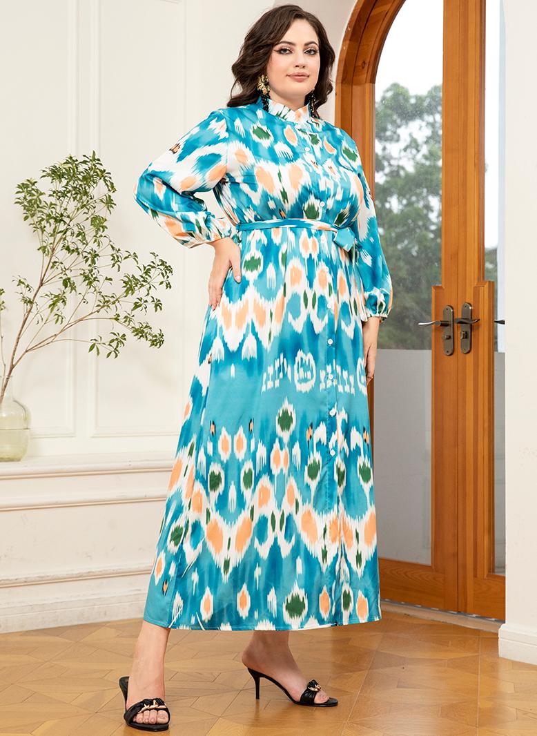 FridayIn Elegant style High collar Wave pattern Color contrast Pocket Belt Lantern sleeve Plus Size Dresses Light blue - Image 4
