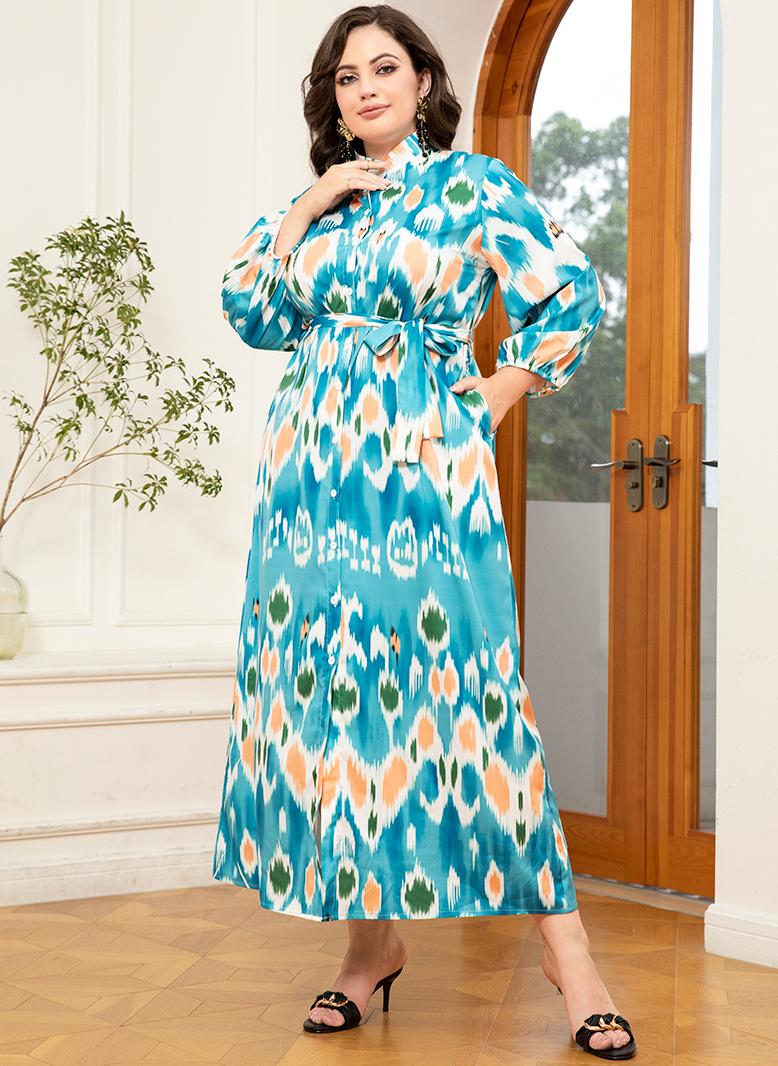 FridayIn Elegant style High collar Wave pattern Color contrast Pocket Belt Lantern sleeve Plus Size Dresses Light blue - Image 1