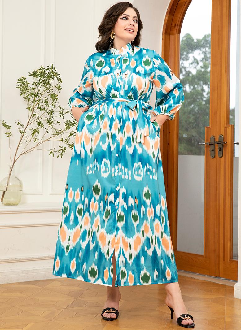 FridayIn Elegant style High collar Wave pattern Color contrast Pocket Belt Lantern sleeve Plus Size Dresses Light blue - Image 5