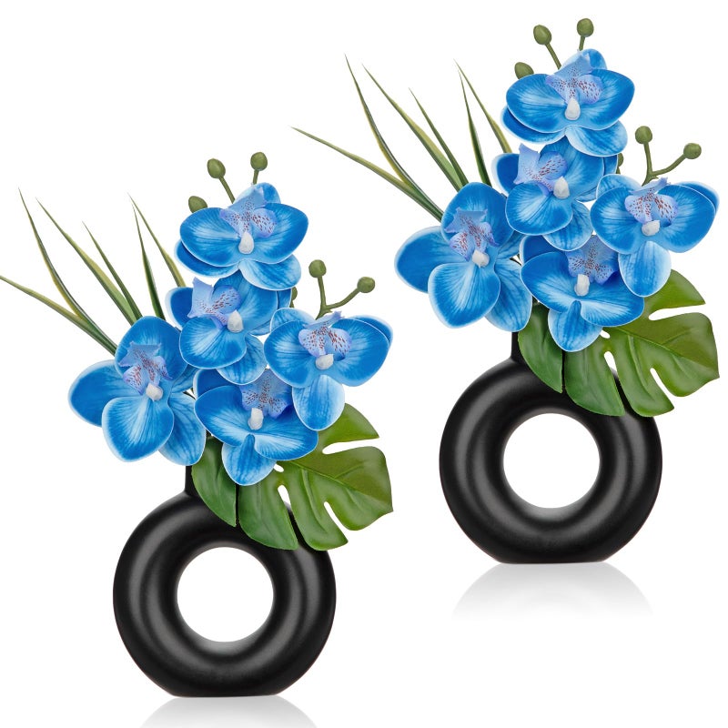 Briful 2PCS Blue Orchid Fake Flowers in Black Ceramic Pot Silk Orchid Floral Arrangement Faux Orchid Plant for Home Office Room Shelf Table Centerpiece Modern Decor