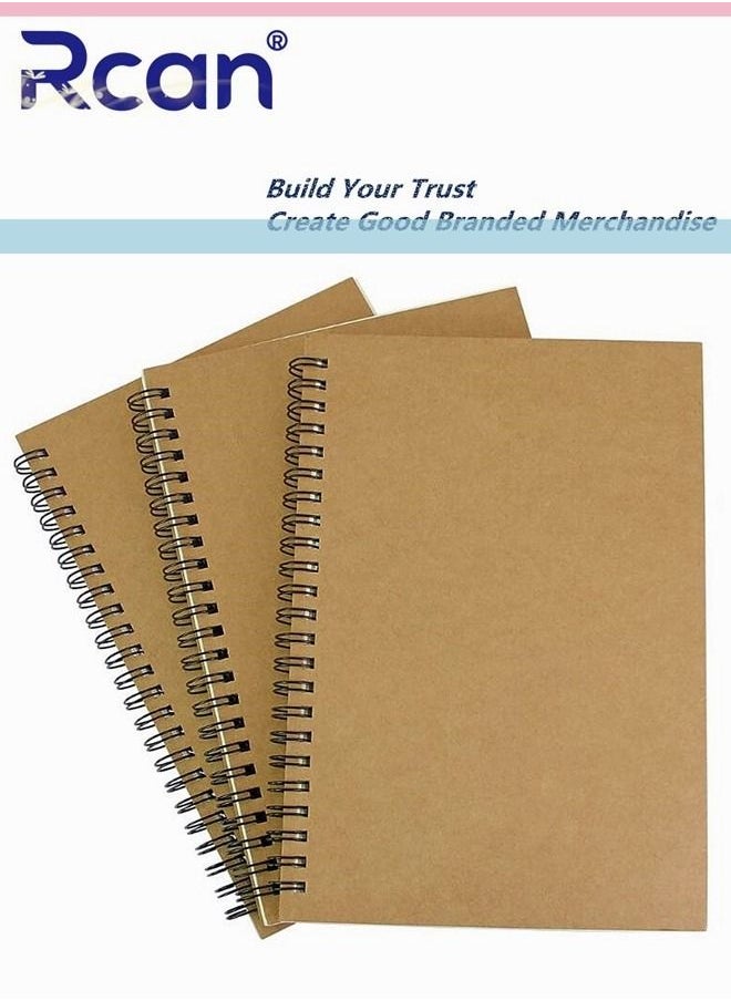 Rcan - 3Pcs Set Spiral Notebooks Blank Sketch Notebooks Kraft Cover Sketchbook for Sketching Diary Memo Journal (100 Pages / 50 Sheets / 100g) - Image 1