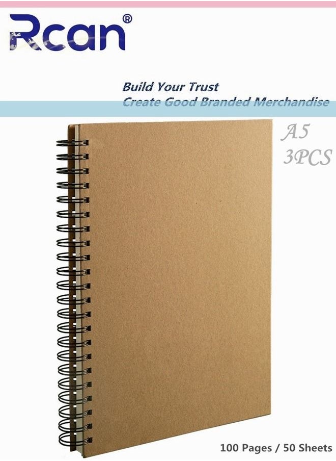 Rcan - 3Pcs Set Spiral Notebooks Blank Sketch Notebooks Kraft Cover Sketchbook for Sketching Diary Memo Journal (100 Pages / 50 Sheets / 100g) - Image 1