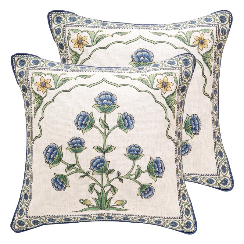patdrea Designer Throw Pillow Covers Set of 2,Blue Euro Elegant Linen with Blooming Floral Pattern Pillow Cover,Decorative Square Pillowcases Cushion for Bed Living Room Outdoor Car,18"x18" - Image 1
