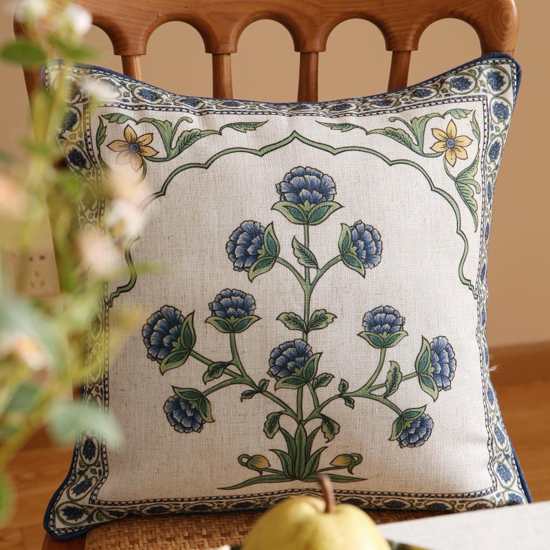 patdrea Designer Throw Pillow Covers Set of 2,Blue Euro Elegant Linen with Blooming Floral Pattern Pillow Cover,Decorative Square Pillowcases Cushion for Bed Living Room Outdoor Car,18"x18" - Image 2