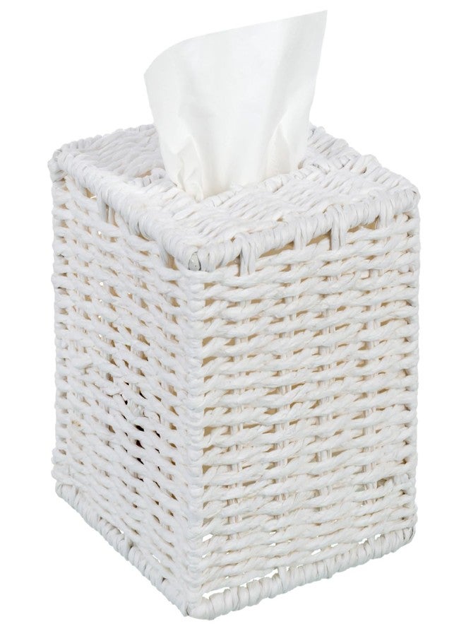 MyGift Decorative White Woven Square Tissue Box Holder with Easy Open Refill Bottom, Bathroom Decor Facial Tissues Cover with Sturdy Paper Rope Material - Image 1